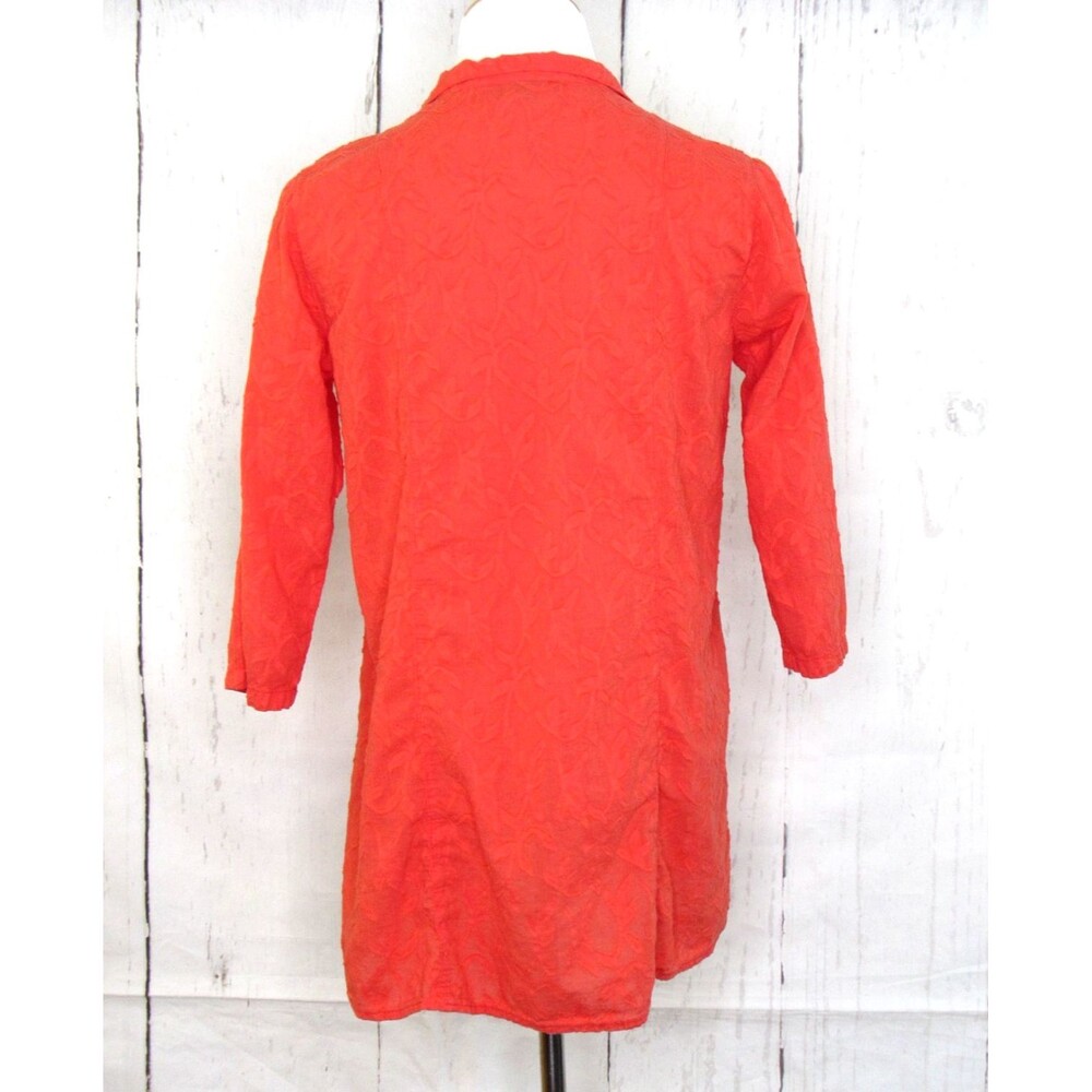 CMC Color Me Cotton Button Up Blouse 3/4 Sleeve Orange Textured Leaf Size S - Picture 5 of 7